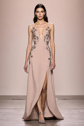 Champagner A Linie Langes Abendkleid aus Satin mit Schlitz